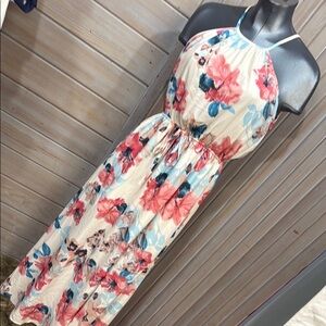 Pink Lily Floral Midi Dress with Red and Blue Accents